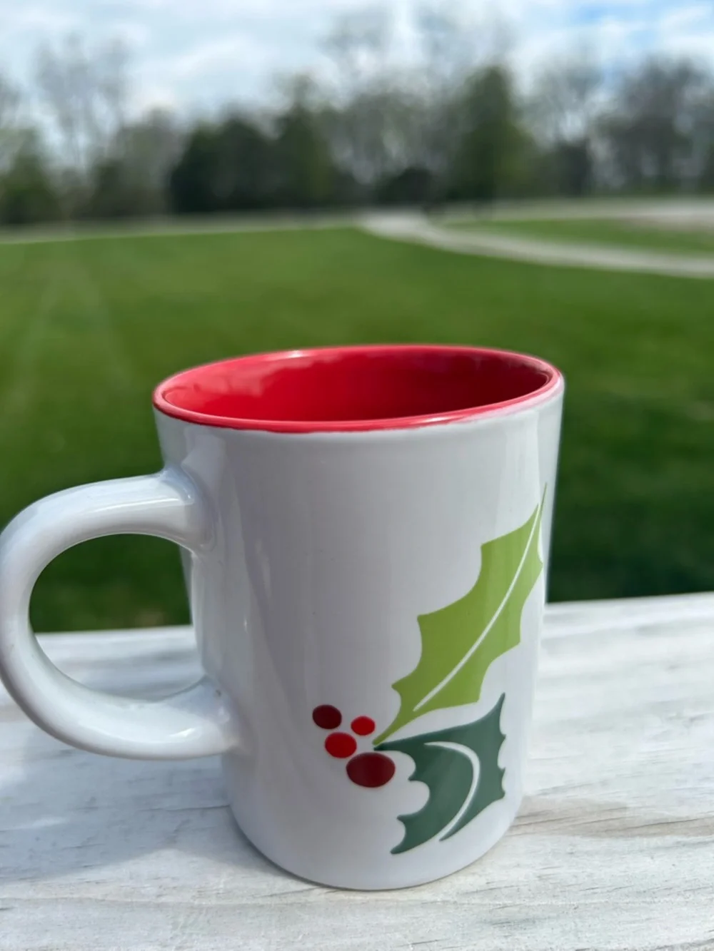 Starbucks Christmas Holly Leaf and Berry 9 oz Coffee Mug | White w/Gr & Red 2011